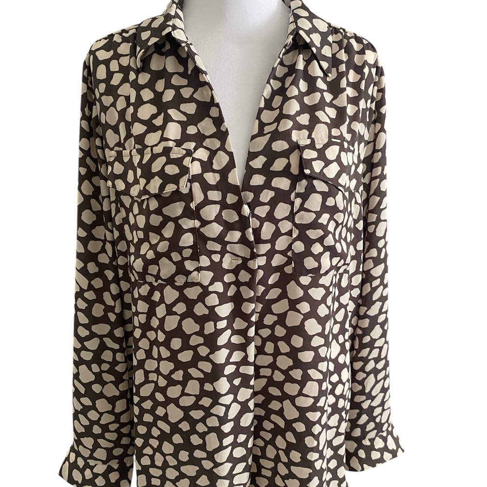 Ann Taylor LOFT Stylish Long Sleeve Brown and Cream Women's Blouse Size L - Picture 9 of 11